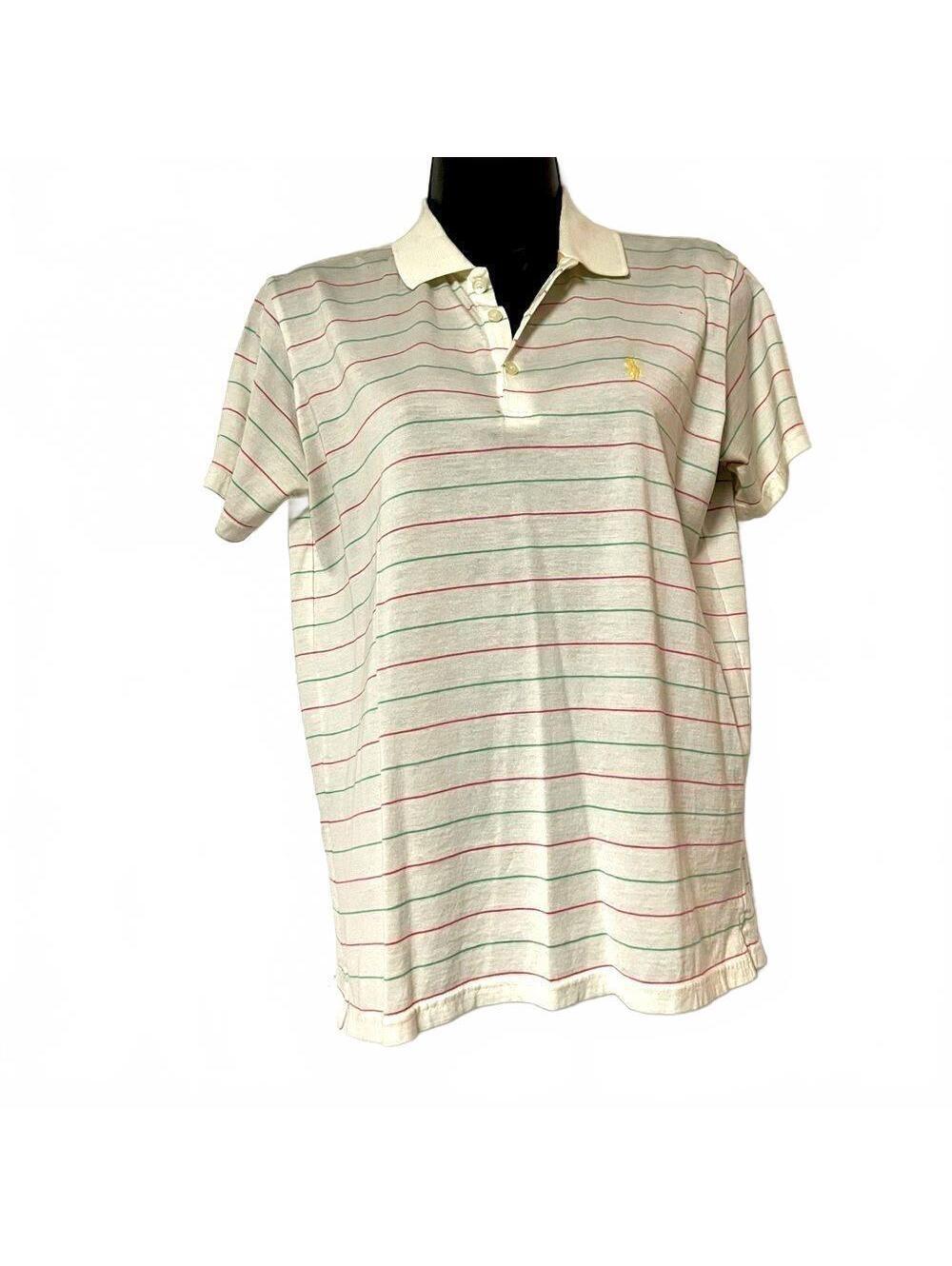 Vtg 90s Y2K “Ralph Lauren Golf” White Pink Lime Green Stripe S/S Polo Shirt M